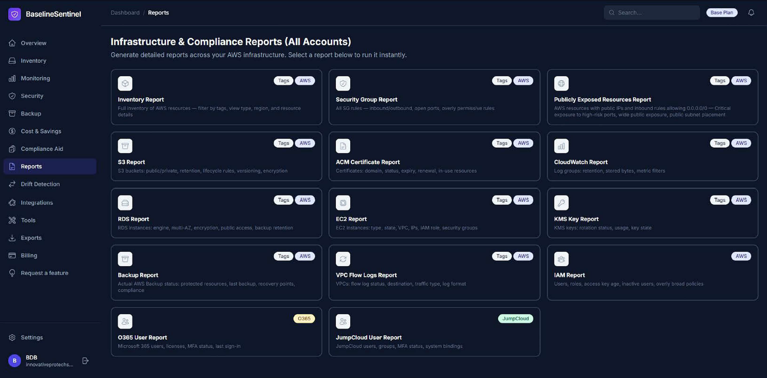 Baseline Sentinel reports dashboard showing report categories and controls